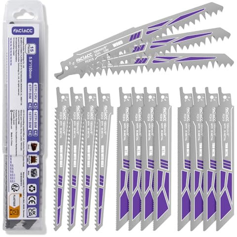 FACIACC Säbelsägeblätter Set 15 Stück, Sägeblatt Sägeblätter für Metall Holz, Säbelsägeblatt aus CRV & BIM Ersatzsägeblatt-Set Säbelsäge Blätter für Holz mit Nägeln Kunststoff Metallrohr