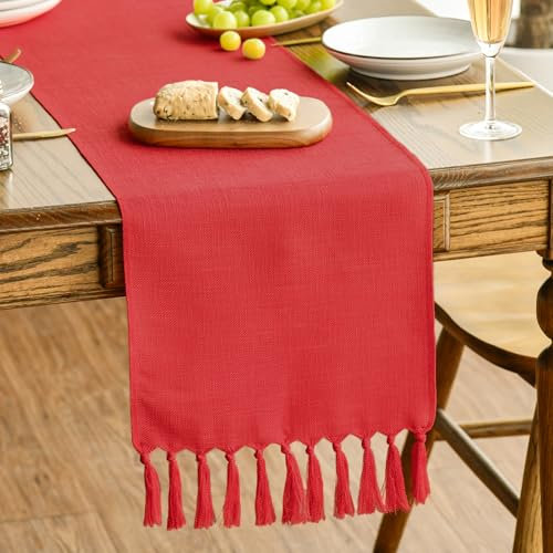 Artoid Mode Camino de mesa de estilo rústico rojo con borlas, lavable, decoración de cocina, fiesta, cumpleaños, boda, decoración, 33 x 183 cm