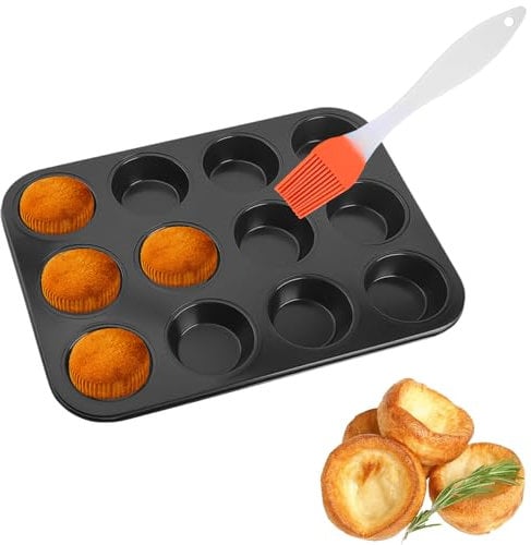 1 Pc 12 Cavity Muffin Tin 26.7cm*18.5cm and 1 Pc Silicone Brush,Muffin Trays Mini Cupcake Tray Cupcake Tin,Cake Trays for Baking Mini Muffin Tray Baking Pan,Pudding Tray Carbon Steel Baking Tray Mold