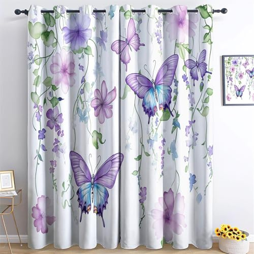 Cortinas Opacas 117An x 183Al cm (2 Paneles) Oscurecimiento De La Habitación Mariposas violetas Flores Elegante Cortinas Decoracion Dormitorio, Terciopelo Suave Cortinas Habitacion Púrpura