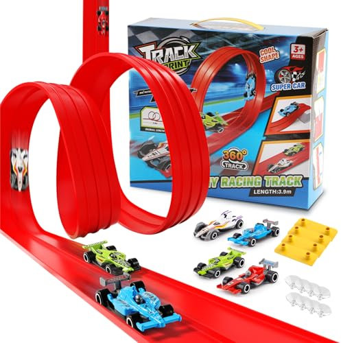 Flexible Toy Car Track Includes 4 Diecast Toy Cars for Racing, 4M Roll Up Race Track for Boys, Diecast Cars & Monster Trucks, Attach to Windows Doors for Bumps Jumps Tunnels Loops Suitable for Family
