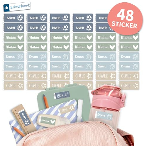 gutmarkiert – Namensaufkleber für Kinder für Kleidung, Stifte und Mehr – Personalisierbare Namensetiketten mit Namen & Symbol – wasserfest – Schule & Kindergarten – 48 Stück 41x16mm - Nature
