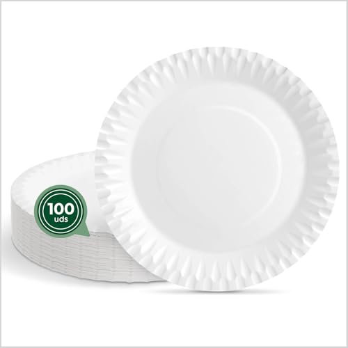 Maxi Products - 100 Platos de Cartón Desechable - Ø 18 cm - Plato Vajilla - Plato Redondo Cartón Desechable - Platos para Catering, Eventos y Celebraciones - APTO ALIMENTARIO