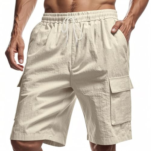 Aoouekul Leinen Shorts Herren Sommershorts Strandshorts Herrenhose Kurz Jogginghose Locker Freizeithose für Herren Casual Cargo Short