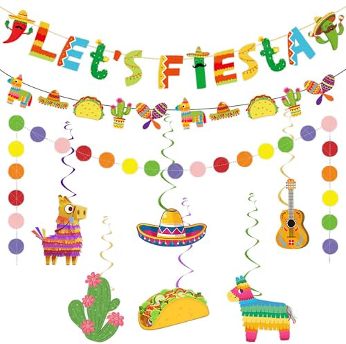 PYSEOSISE Mexikanische Party Deko Set, 9 Stück Fiesta Party Dekoration,Mexikanische Banner Fiesta Hanging Swirl Mehrfarbig Girlande Cinco de Mayo Party Dekoration für Karneval Deko
