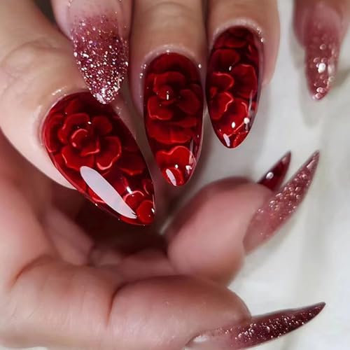 Red Flowers Press on Nails Medium Almond Shape, 24Pcs Acrylic Fake Nails with Design Glossy Glitter False Nails, Reusable Artificial Full Cover Stiletto Stick on Nail for Women Girls Daily Wear