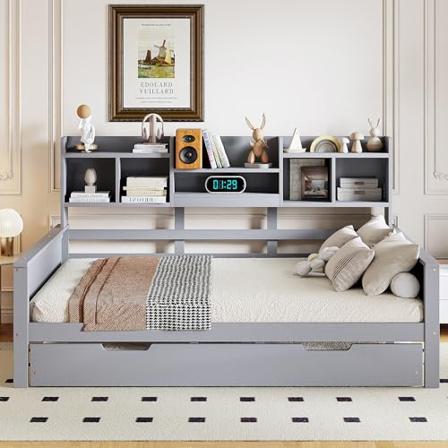 Daybett Doppelbett 140x200cm, Massivholz Tagesbett mit Ausziehbett & Staufach & Bücherregal, Kinderbett Holzbett Jugendbett Stauraumbett Funktionsbett, Bettgestell mit Lattenrost, Ohne Matratze, Grau