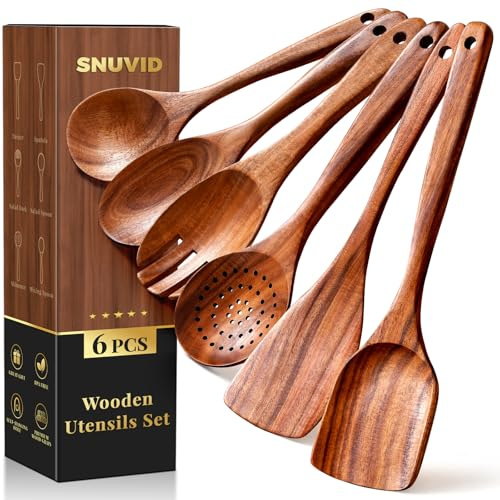 Wooden Spoons for Cooking, 6-Piece Wooden Cooking Utensils Set for Nonstick Pans & Cookware – 100% Natural Teak Wood - Sturdy, Lightweight & Heat Resistant