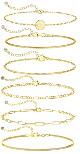 Aretas Bracelet en Or pour Femme, 6 PCS, Ensembles de Bijoux Empilables Plaqué Or 14K Réel, Lettres A-Z, Ajustable 6 + 2