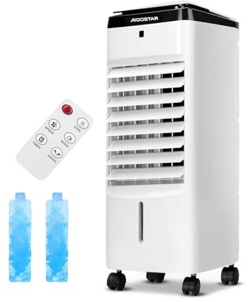 Aigostar Olaf - Raffrescatore Evaporativo Portatile con Telecomando, 3 velocità, 3 modalità, Doppio riempimento, Timer 12H, Serbatoio 3.5L, 4 ruote multidirezionali per spostamento facile