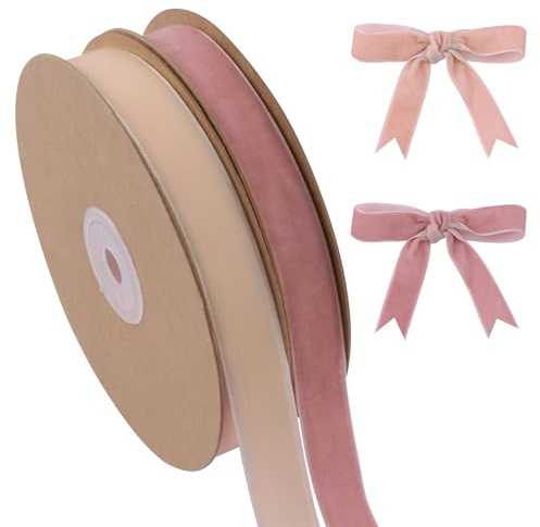 WANDIC Nastro in Velluto Color Polvere Chiaro e Cipria, 2 Rotoli da 9,1 m di Nastro Vintage monofacciale Morbido per Confezioni Regalo, Bouquet di Fiori e Decorazioni Natalizie