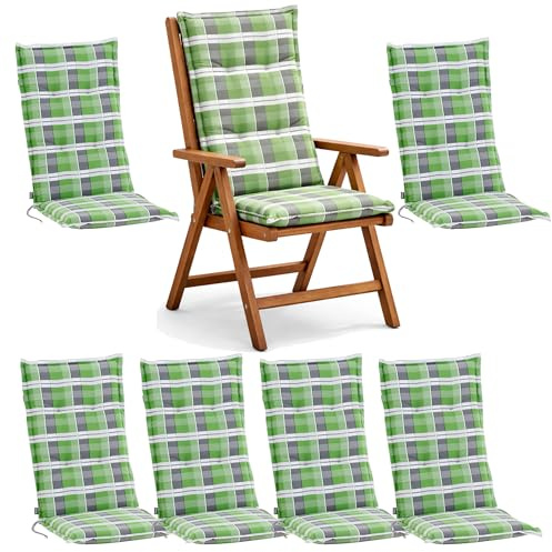 BURI 6X Auflagen Set Hochlehner für Gartenstühle 120x48x7cm Sesselauflagen Polster UV Lichtecht - Gartenstuhlauflagen Karo Muster Stuhlkissen mit Dicker Schaumstoff Füllung (Grün/Grau)
