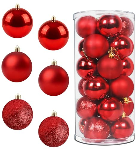 30 Stück Weihnachtskugeln Kunststoff Christbaumschmuck, 6cm Plastik Weihnachtsbaum, Rot Baumkugeln Weihnachtsdeko, Baumschmuck Bälle Dekorationen für Weihnachten (Rot) (3 Stile)