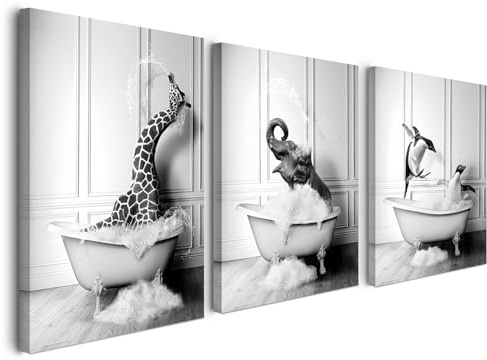 Alptiny Lustige Wandbilder Badezimmer 3er Set 30×40 cm – Schwarz Weiß Tiermotive in Badewanne, WC Bilder für Gäste WC, Badezimmer Deko Wandbild