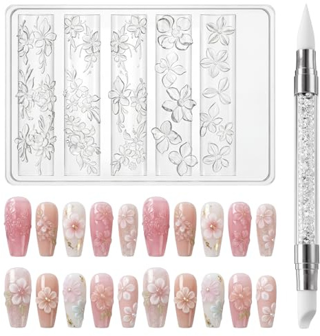 Bafutayawa 3D Gel Nail Art Silikonform Set für Nageldesign, Nägel Set Blumen & Spitzen DIY Zubehör, Stamping Schablonen Alternative, Inkl. Applikator Stift