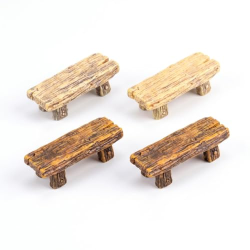 DiiWmme 4er Set Miniatur Holzbank für Feengarten & Puppenhaus Zubehör | rustikale Bank Deko für Miniatur Garten, Handbemalte Tischdekoration für Sommerdeko Innen, Braun-Gelb