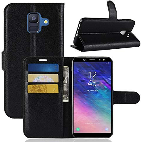 COPHONE® Funda de Cuero Negro Samsung Galaxy A6 2018. Funda Protectora Funda Monedero Negro Galaxy A6 2018. Carcasa Magnético Galaxy A6 2018