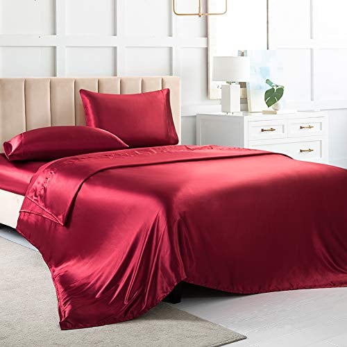 Luxbedding Satin-Bettlaken, King-Size-Bettlaken, rote Seidentücher, 4-teilig, weiches Bettwäsche-Set mit 1 tiefen Spannbetttuch, 1 Bettlaken, 2 Kissenbezügen