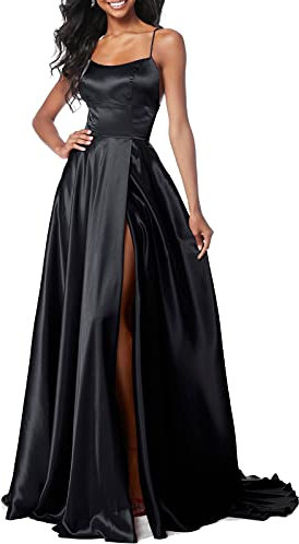 Lecureler Long Satin Spaghetti Strap Prom Dress Black Size 10