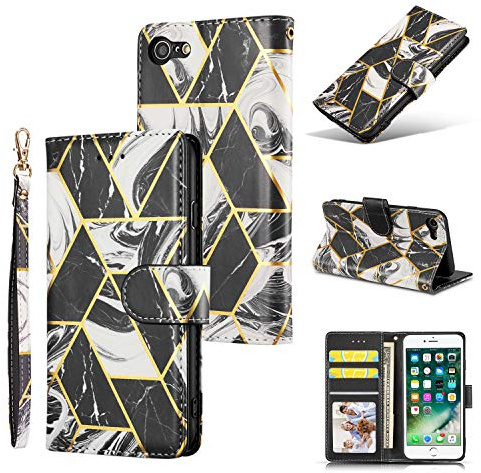 DEFBSC Case for iPhone 7 Plus iPhone 8 Plus, Premium PU Leather Geometric Marble Pattern Wallet Case with Detachable Wrist Strap, Magnetic Closure Card Slots Shockproof Marble Flip Cover Case- Black