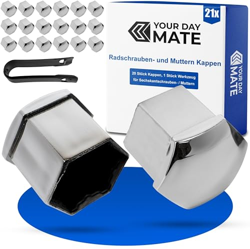 Copri bulloni ruota Ø 21 mm universali, argento, per tutte le marche di auto, 20 pz tappi copri dado in plastica Ø 2,1 cm con attrezzo di rimozione, Copertura di protezione testa della vite pneumatici