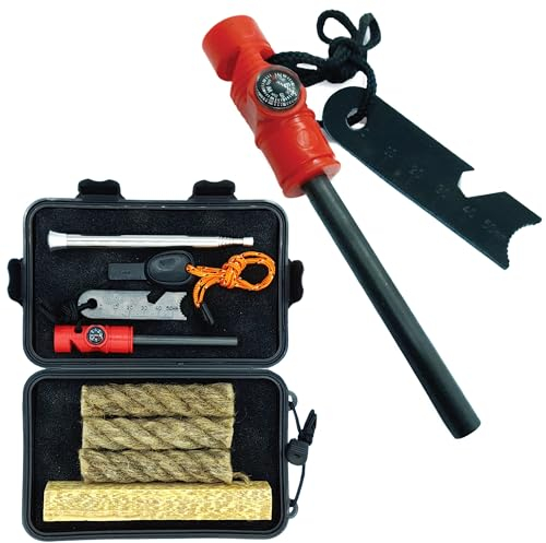 Allume Feu de Survie + Soufflet INOX + Bois Résine + Corde Inflammable x3 + Boite Coffret Etanche Pierre à Feu Kit de Survie Firesteel Accessoire Camping Randonnée Survivalisme Outil Multifonction