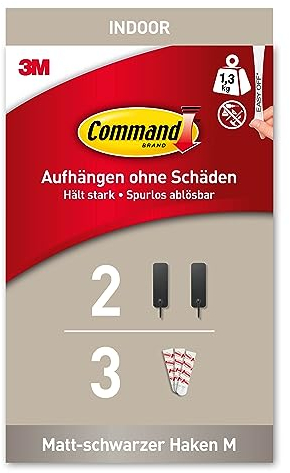 Command Ganci Adesivi Metallici Nero Opaco, 2 Ganci e 3 Strisce- Appendi Abiti, Borse e Molto Altro da Parete o Porta senza Forare o Danneggiare il Muro