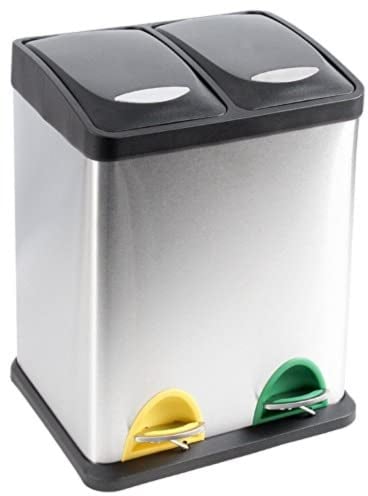 EVRE Stainless Steel Multi Compartment Recycling Bin with Removable Inner Buckets, Odour Seal, Non Slip Base Dustbin for Rubbish Trash Waste Indoor Kitchen Office Home (30L, 15L+15L Compartments)