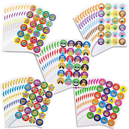 SMALUCK Reward Stickers for Children, 1200 Animal Motivational Stickers, 50 Sheets, Waterproof, Non-Marking, Mixed Patterns, Round, Glossy, All Seasons