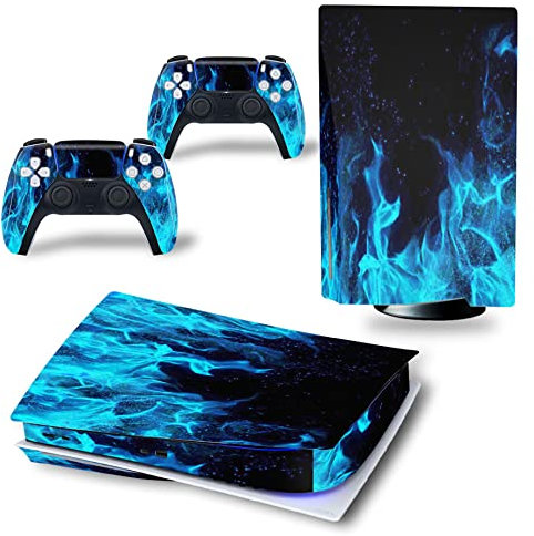 Autocollant complet en vinyle pour console et manette PlayStation 5 (édition disque PS5, bleu feu)