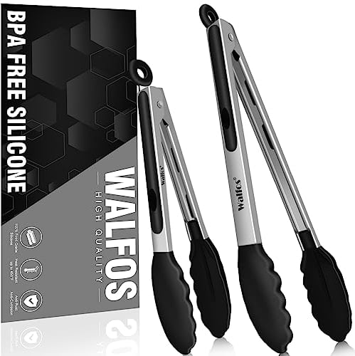 Kitchen Tongs - Walfos Silicone Tongs, Kitchen Tong,Thickened Stainless Steel and BPA Free Silicone Tips, Non Scratch, Great for Cooking, Turning, Serving Tongs, 18cm/ 23cm Food Tongs - Black