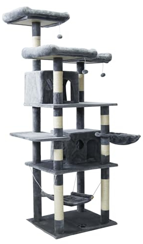 WilTec Arbre à Chat Gris Clair avec Motif de Pattes 172cm Hamac Niche Maisonnette et Balles de Jeu Ludique