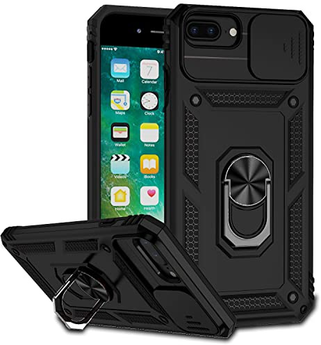 Hülle für iPhone 7 Plus/8 Plus/iPhone 6s Plus/6 Plus, Kameraklappe Schutzhülle 360 Metall Ring Ständer Halter Cover Case Hybrid Stoßfest Handyhülle Militär Standard Handy Hüllen,Schwarz