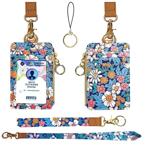 Schlüsselband Geldbörse,Wallet Lanyard,Lanyards für Ausweise,Lanyards für Ausweise für Frauen,Schlüsselband Geldbörse für Frauen,Fashion Badge Holder with Zipper(Cartoon Floral)