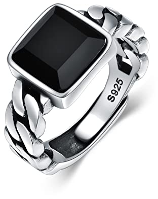 Schwarzer Onyx Ring 925 Sterling Silber Vintage oxidierter verstellbarer offener Ring mit Onyx im Quadratschliff