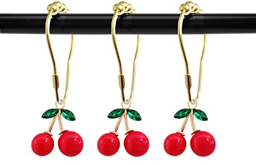 ZILucky Set of 12 Cherries Shower Curtain Hooks Rings, Red Cherry Pendant Decoration, Fruit Style for Kids Bathroom, Stainless Steel Hooks Rustproof (Red-Cherry)