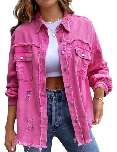 HOTIAN Veste en jean pour femme, veste demi-saison, vintage, veste de transition, veste en denim côtelée, Rose, M