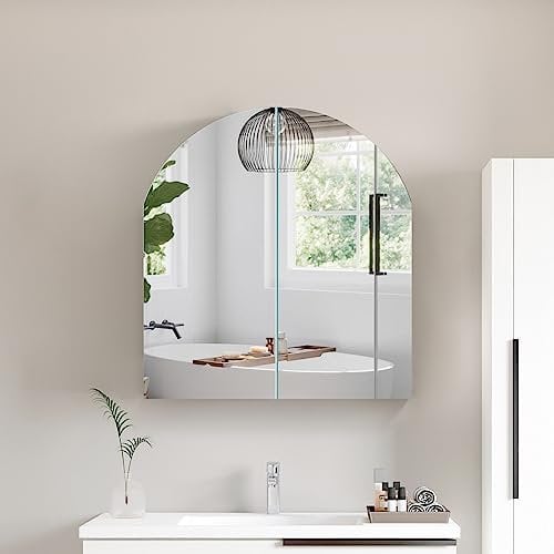 CLIPOP Bathroom Mirror Cabinet Wall Mounted Storage Cupboard 2 Door with Arch Mirror Adjustable Shelves for Bathroom Shower Room, Living Room
