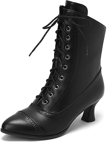 ErikenUrben Vintage Viktorianisch Stiefel Damen Schnürsenkel Steampunk Ankle Stiefel PU-Lederstiefel Louis Absatz Stiefel Reißverschluss Black Size 40 Asian