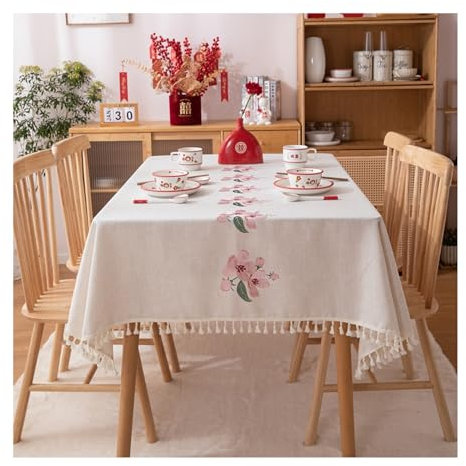 KnSam Tischtuch Beige Rose, Blumen mit Quaste Tischdecken Polyester Abwaschbare Tischdecke Vintage Tischdekoration für Küche, Esstisch, Couchtisch, Parteien, Abendessen, 140x200CM