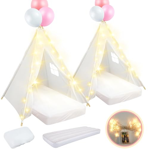 Lemosae 2 Pack Kids Teepee Tent with Mattress,Fitted Sheet,Light String,Washable Natural Cotton Toddler Play Tent for Girls Boys Indoor Outdoor Sleepover Slumber Birthday Party(White)