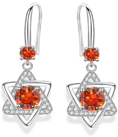 Orange Hexagram Earrings - Sterling Silver Dangle Earrings with Cubic Zirconia, Orange Drop Earrings for Women Girls, Hypoallergenic Dangly Earrings Gifts for Mum Wife Ladies Jewellery Gifts
