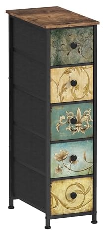 VEDECASA Kommode Schmal Schrank mit 5 Schubladen aus Stoff Böhmische Schminktisch Kommodenschrank Schubladenschrank für Schlafzimmer Wohnzimmer Flur aus Metallrahmen Holzwerkstoff Vintage-Holzoptik