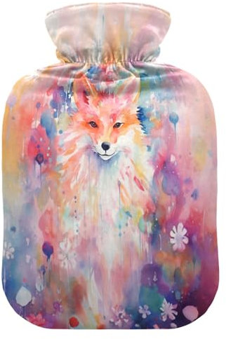 Wärmflasche mit Bezug, Motiv: Blume, Fuchs, weich, warm, für Winter, Bett, Hand, Hals und Schultern, 2 l