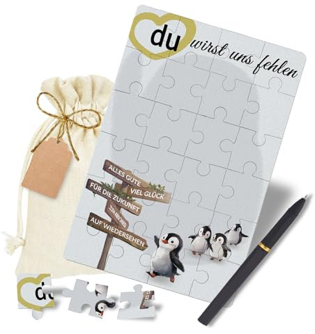 Abschiedskarte Kollegen A6 - Karte Abschied Kollegin - Pinguin Wegweiser Motiv - Abschiedsgeschenk Kollegen Jobwechsel Rente - Karte zum Abschied Kollege mit Baumwollsäckchen Stift Geschenkanhänger