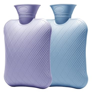 FORICOM 2-Pack 2L Hot Water Bottles, Hot & Cold Therapy Bags for Pain | 2L bottles in blue and purple, BPA-free 2.2mm PVC with a wide mouth for easy filling and lasting warmth indoors or outdoors.