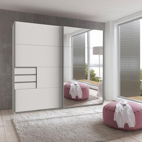 Lomadox Schlafzimmer Kleiderschrank Schwebetürenschrank 2-türig 225cm, weiß mit Spiegelfront