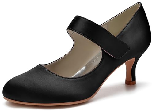 Mary Jane Shoes for Women Kitten Heels Mid Heel Vintage Retro Round Toe Closed Toe Wedding Party Office Pumps, Black, 3 UK