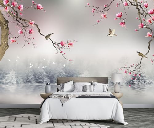 Tapete Kinderzimmer Fototapete Rosa Blumenvogel Tapeten Vliestapete Modern Schlafzimmer Wandtapete Bildtapete Wand Dekoration -F020-380cmX260cm