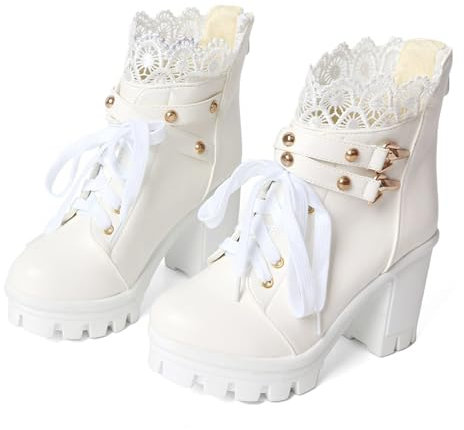 FOREADA Gothic-Stiefel mit klobigem Absatz für Damen, knöchelhoch, schwarz, Plateau-Stiefel, Schnalle, Nieten, Punk, Gothic, Schuhe mit Reißverschluss, Goth White, 4
